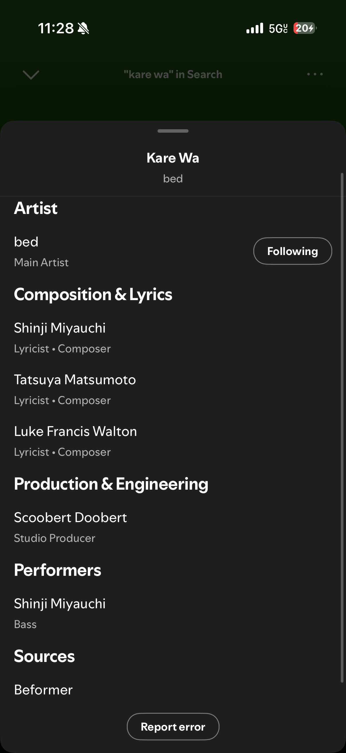 Spotify credits pane for bed’s “Kare Wa” showing Luke Francis Walton as Lyricist and Composer and Scoobert Doobert as Studio Producer, with Shinji Miyauchi and Tatsuya Matsumoto, source Beformer.