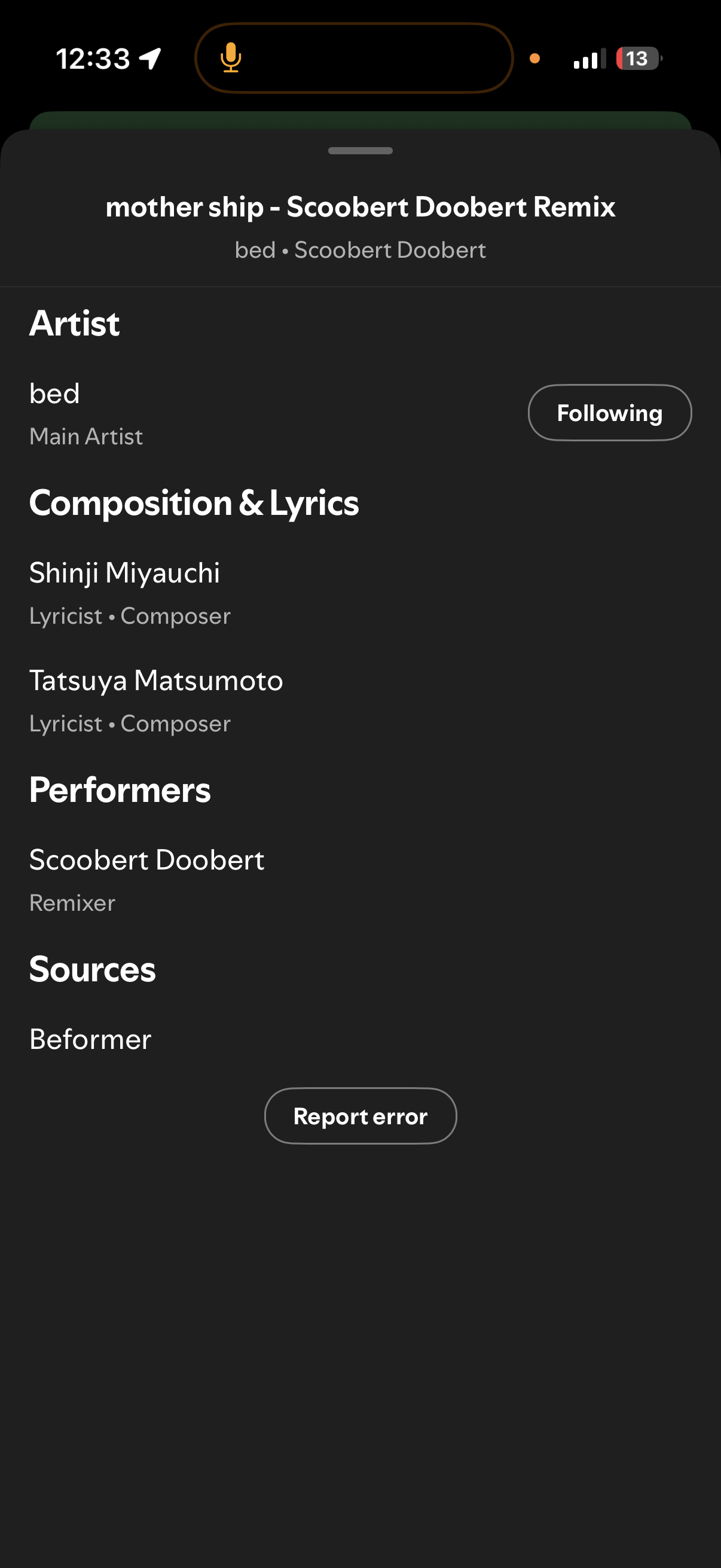 Spotify credits pane for bed’s “mother ship - Scoobert Doobert Remix” showing Scoobert Doobert credited as Remixer, with Shinji Miyauchi and Tatsuya Matsumoto on composition and lyrics, source Beformer.