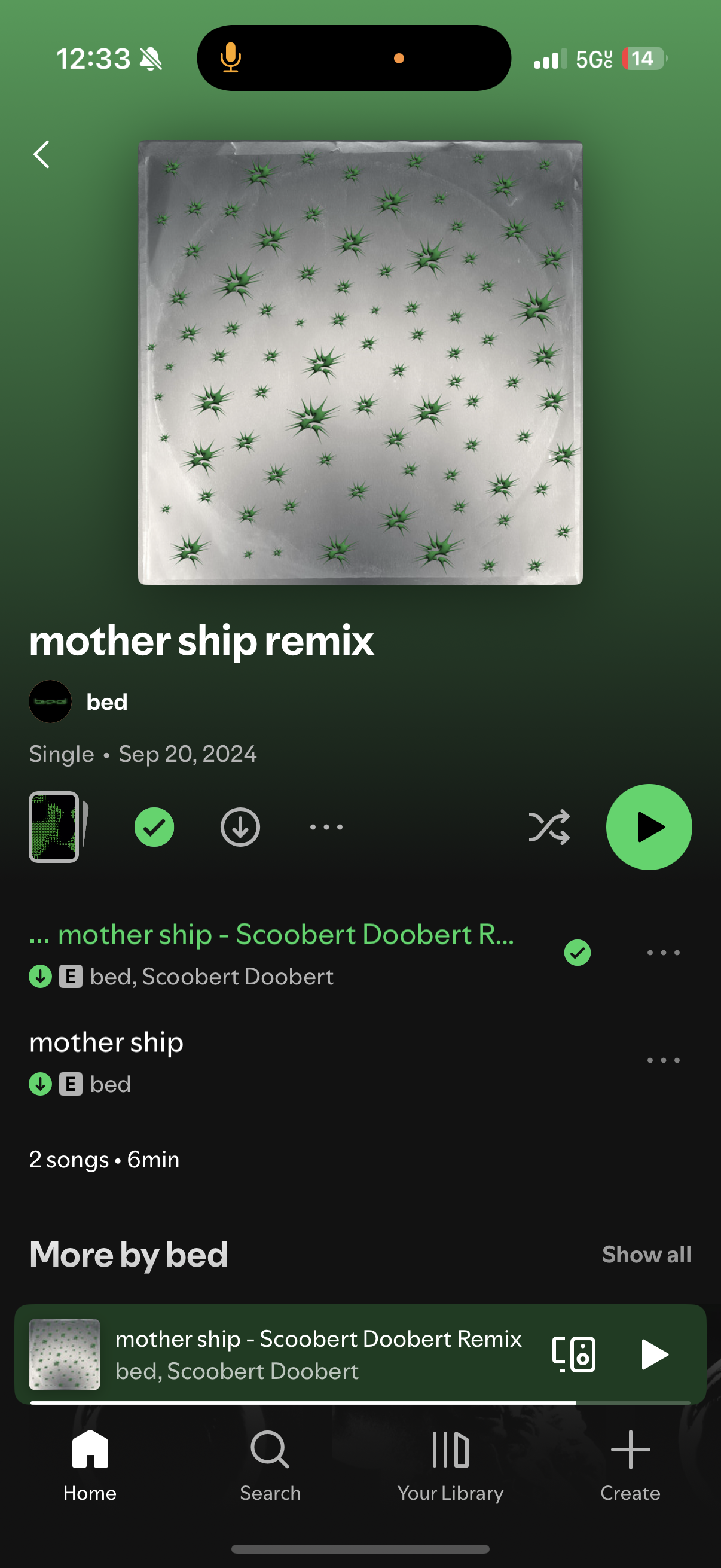 Spotify single page for bed’s “mother ship remix,” a Single released September 20, 2024, with two tracks: “mother ship - Scoobert Doobert Remix” by bed and Scoobert Doobert, and “mother ship” by bed.
