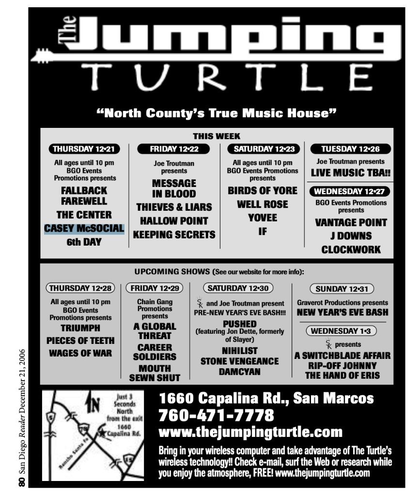 San Diego Reader, December 21, 2006, page 80: Jumping Turtle ad for Thursday 12•21, all ages until 10 pm, Fallback, Farewell, The Center, Casey McSocial, and 6th Day.