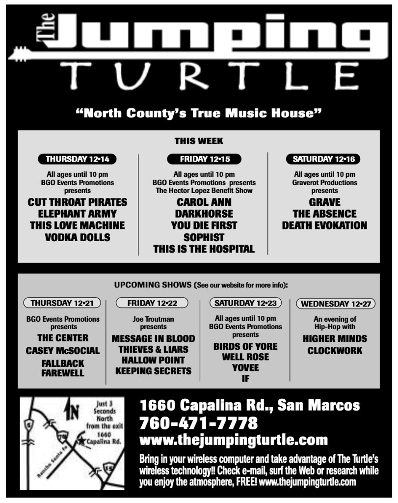 San Diego Reader display ad for The Jumping Turtle, December 14, 2006 issue: CASEY McSOCIAL billed Thursday December 21 with The Center, Fallback, and Farewell, presented by BGO Events Promotions, 1660 Capalina Rd., San Marcos.