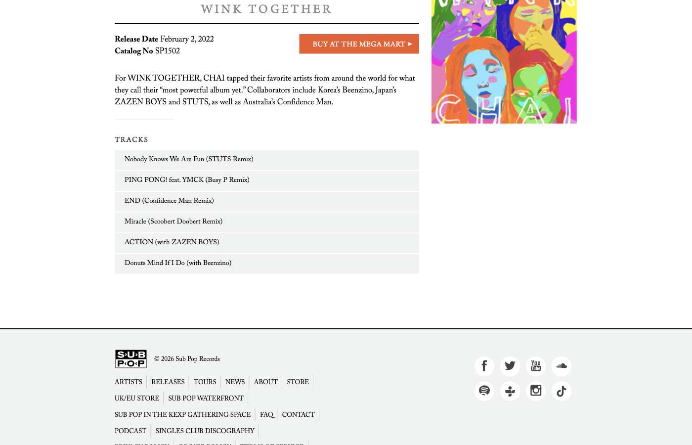 Sub Pop release page for CHAI WINK TOGETHER, February 2, 2022, catalog SP1502, with Miracle (Scoobert Doobert Remix) in the track list.