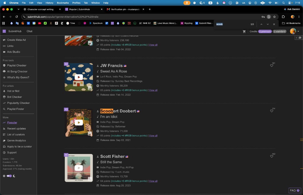 SubmitHub Popular rank 43, September 29, 2026: Scoobert Doobert, “I’m an Idiot,” Beformer, released Sep 03, 2021, 65 points. URL genre=Alternative / Indie.