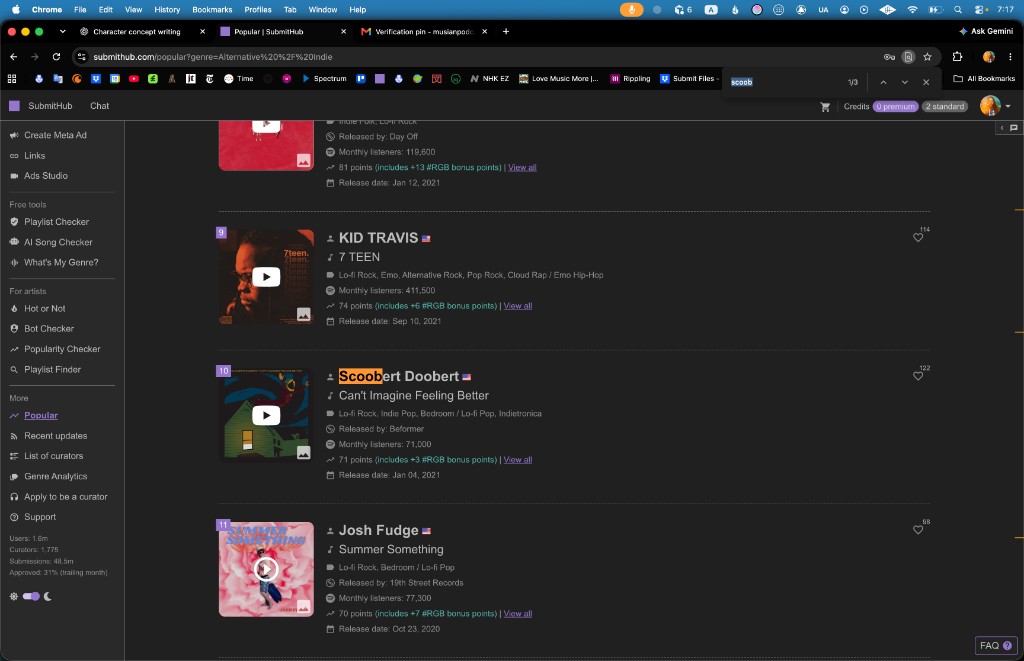 SubmitHub Popular rank 10, September 29, 2026: Scoobert Doobert, “Can’t Imagine Feeling Better,” Beformer, released Jan 04, 2021, 71 points. URL genre=Alternative / Indie.