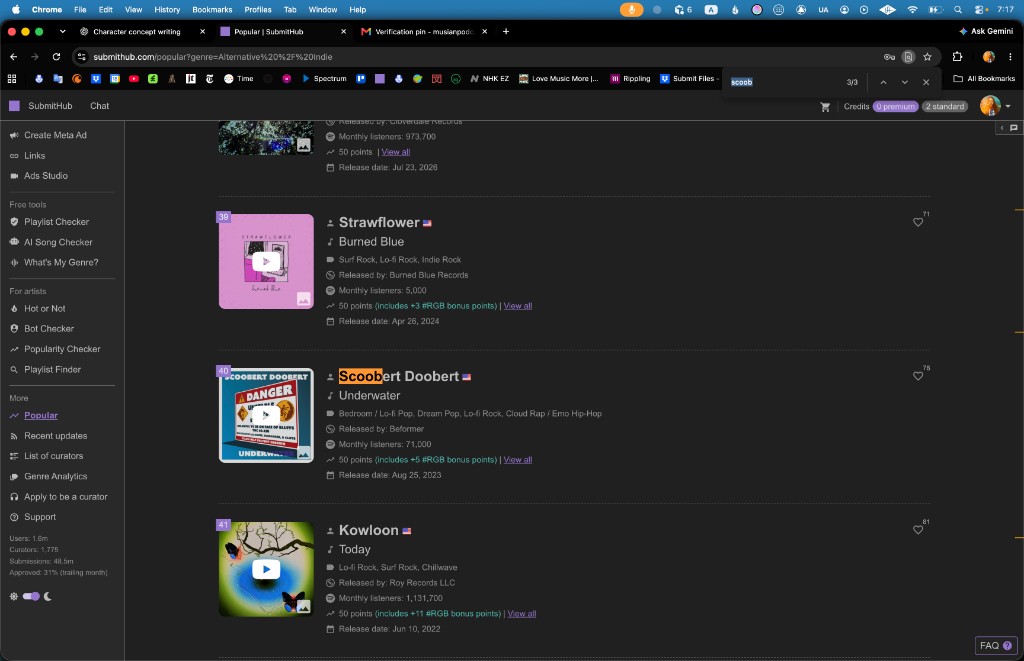 SubmitHub Popular rank 40, September 29, 2026: Scoobert Doobert, “Underwater,” Beformer, released Aug 25, 2023, 50 points. URL genre=Alternative / Indie.