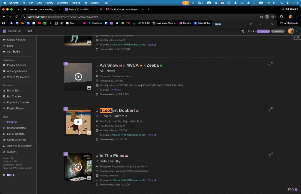 SubmitHub Popular rank 45, September 29, 2026: Scoobert Doobert, “I Live in California,” Beformer, released Jul 16, 2021, 37 points. URL genre=Alternative / Indie.