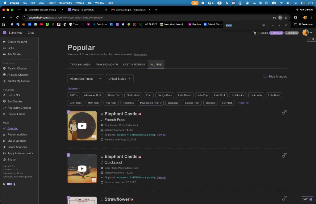 SubmitHub Popular filter bar, September 29, 2026: All time, Alternative / Indie, United States, sub-genre Psychedelic Rock. Ranks 1–2 are Elephant Castle.