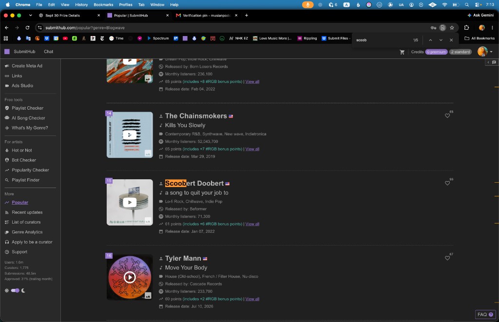 SubmitHub Popular rank 15, September 29, 2026: Scoobert Doobert, “a song to quit your job to,” Beformer, released Jan 07, 2022, 61 points. URL genre=Blogwave.