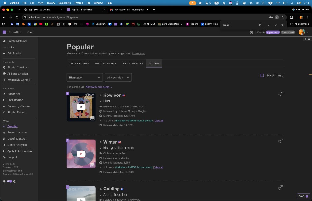 SubmitHub Popular filter bar, September 29, 2026: All time, Blogwave, All countries. Ranks 1–3 are Kowloon “Hurt,” Wintur “kiss you like a man,” and Golding “Alone Together.”
