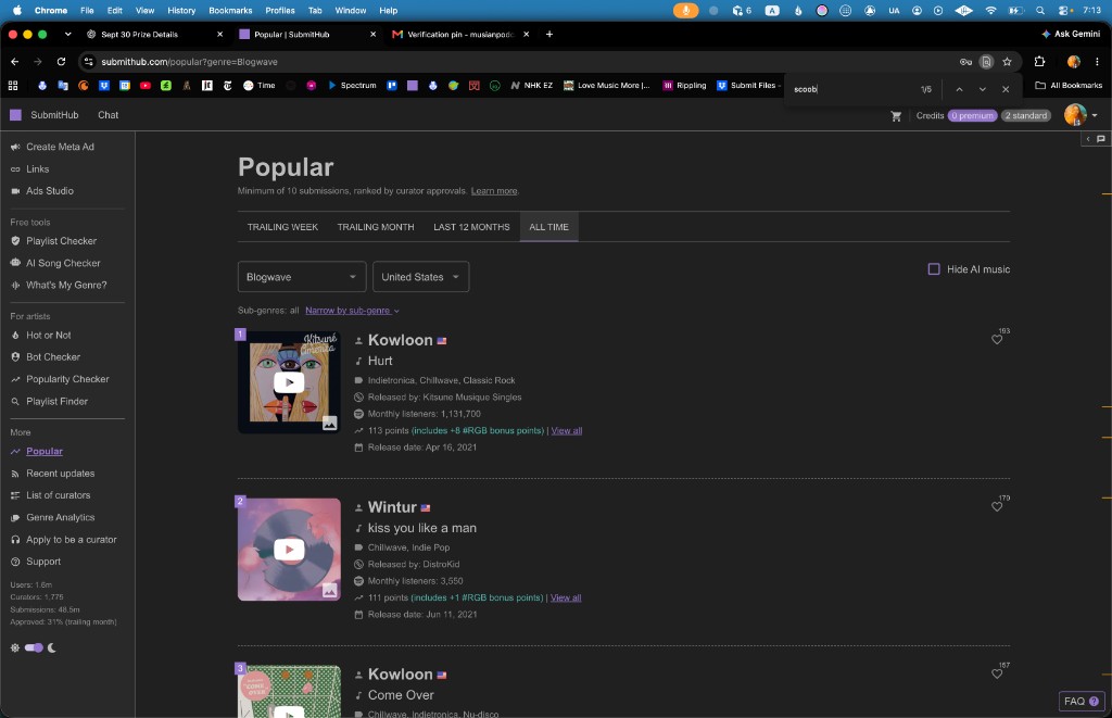 SubmitHub Popular filter bar, September 29, 2026: All time, Blogwave, United States. Ranks 1–3 are Kowloon “Hurt,” Wintur “kiss you like a man,” and Kowloon “Come Over.”