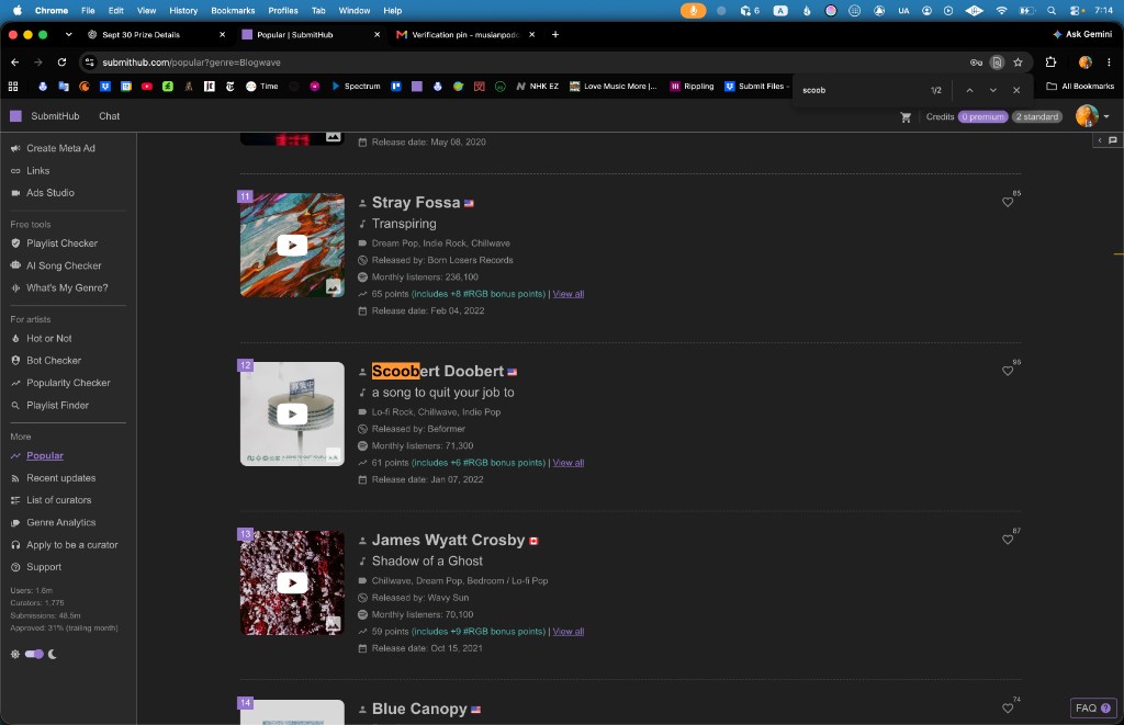 SubmitHub Popular rank 12, September 29, 2026: Scoobert Doobert, “a song to quit your job to,” between Stray Fossa “Transpiring” and James Wyatt Crosby “Shadow of a Ghost.” URL genre=Blogwave.
