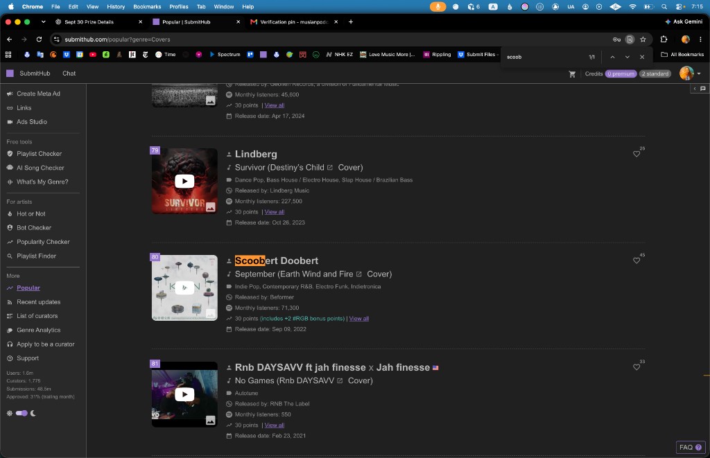 SubmitHub Popular rank 80, September 29, 2026: Scoobert Doobert, “September (Earth Wind & Fire Cover),” Beformer, released Sep 08, 2022, 30 points. URL genre=Covers.