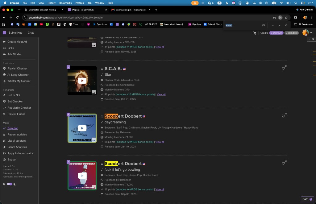SubmitHub Popular ranks 6 and 7, September 29, 2026: Scoobert Doobert, “daydreaming” and “fuck it let’s go bowling.” URL genre=Alternative / Indie.