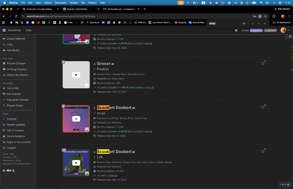 SubmitHub Popular ranks 9 and 10, September 29, 2026: Scoobert Doobert, “ez pz” and “LOL.” URL genre=Alternative / Indie.