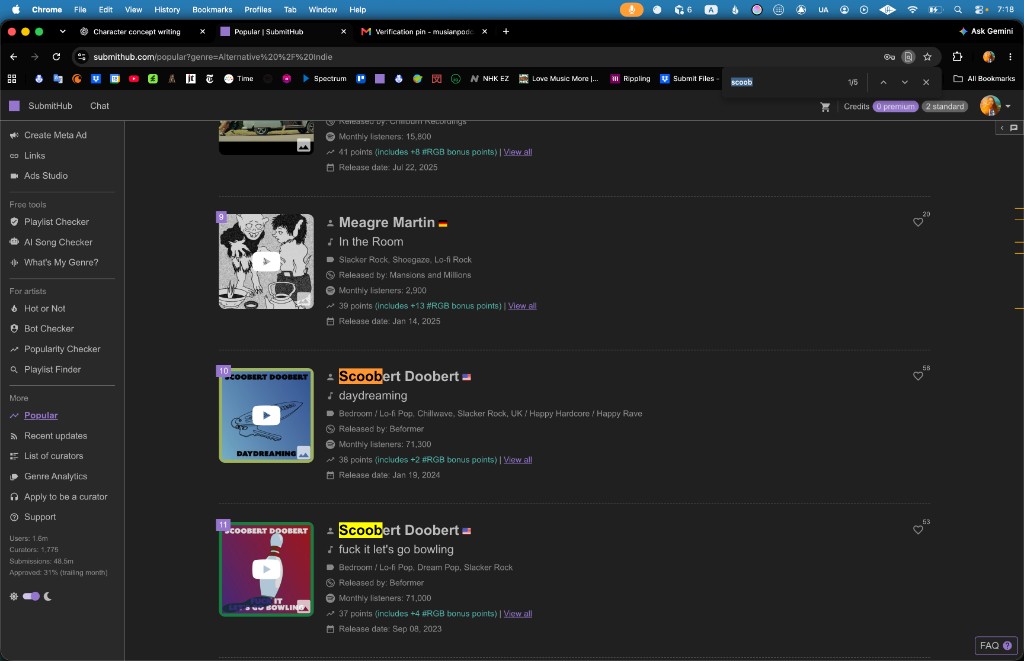 SubmitHub Popular ranks 10 and 11, September 29, 2026: Scoobert Doobert, “daydreaming” and “fuck it let’s go bowling.” URL genre=Alternative / Indie.