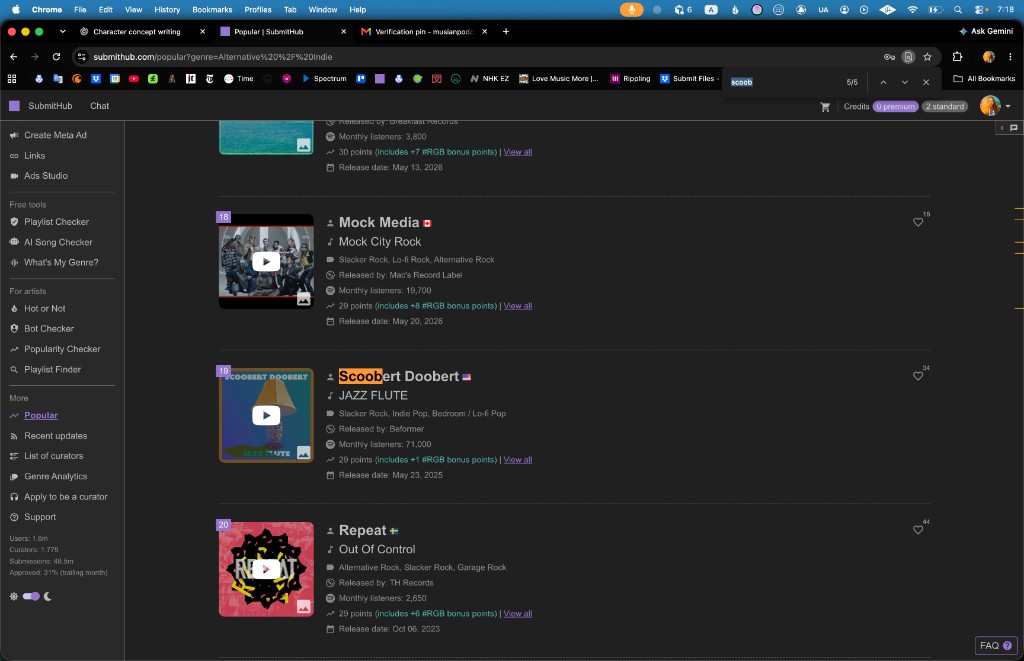 SubmitHub Popular rank 19, September 29, 2026: Scoobert Doobert, “JAZZ FLUTE,” between Mock Media and Repeat+. URL genre=Alternative / Indie.