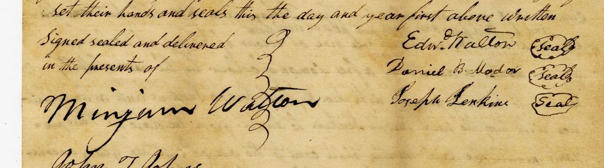 Ink signatures at the foot of an 1838 indenture: Minjum Walton in a large hand under the words Signed sealed and delivered in the presents of, John T Johns below it, and at right Edwd Walton, Daniel B Meador and Joseph Jenkins, each beside a drawn seal.