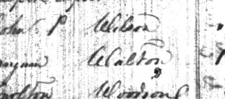Three lines of names from an 1830 census page: John P Wilson, then a Walton whose given name I read as Minjum and two agents read as Morgan, then Carlton Woodson.
