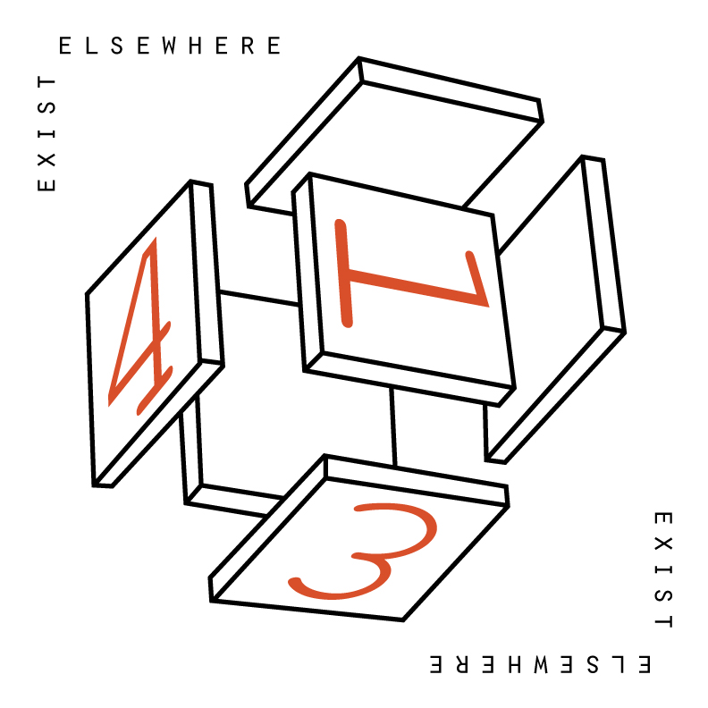 Cover for 413. Three white panels of a broken cube with orange numerals 4, 1, and 3, and Exist Elsewhere lettered along the edges.