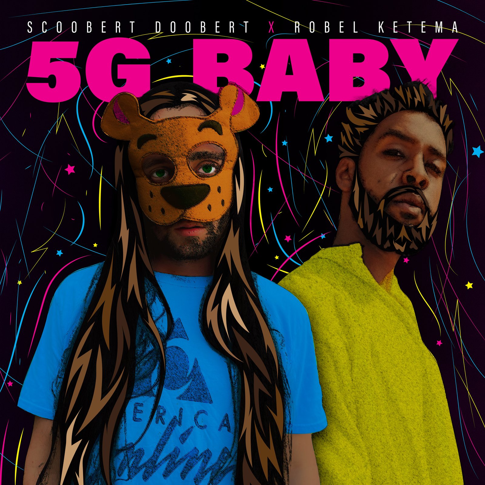 Cover for 5G BABY. Scoobert Doobert in a tiger mask beside Robel Ketema, the title in pink.