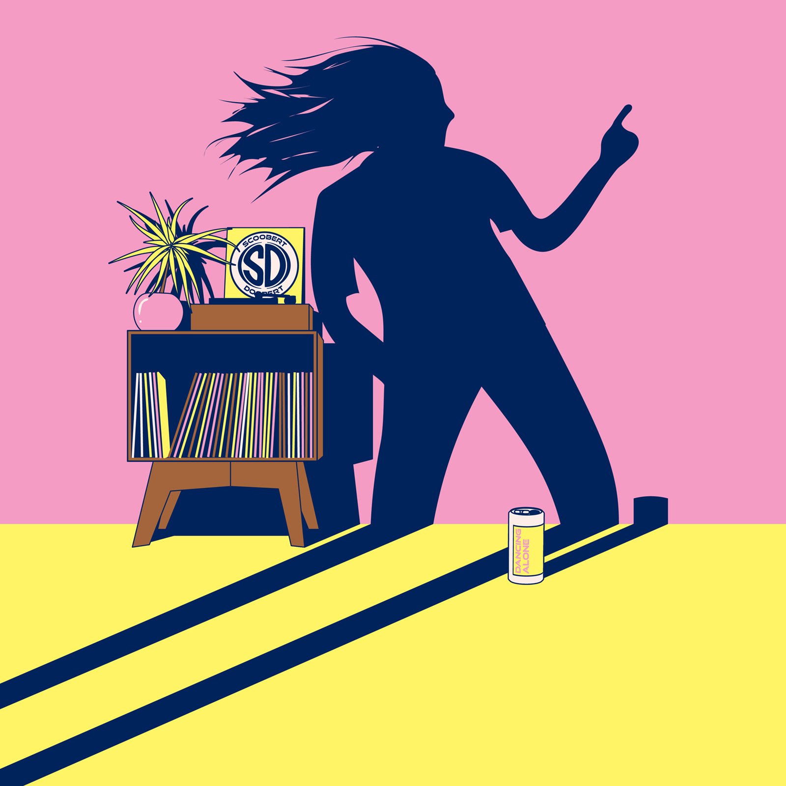 Cover for Dancing Alone. A silhouette dancing beside a record shelf, a can reading dancing alone.