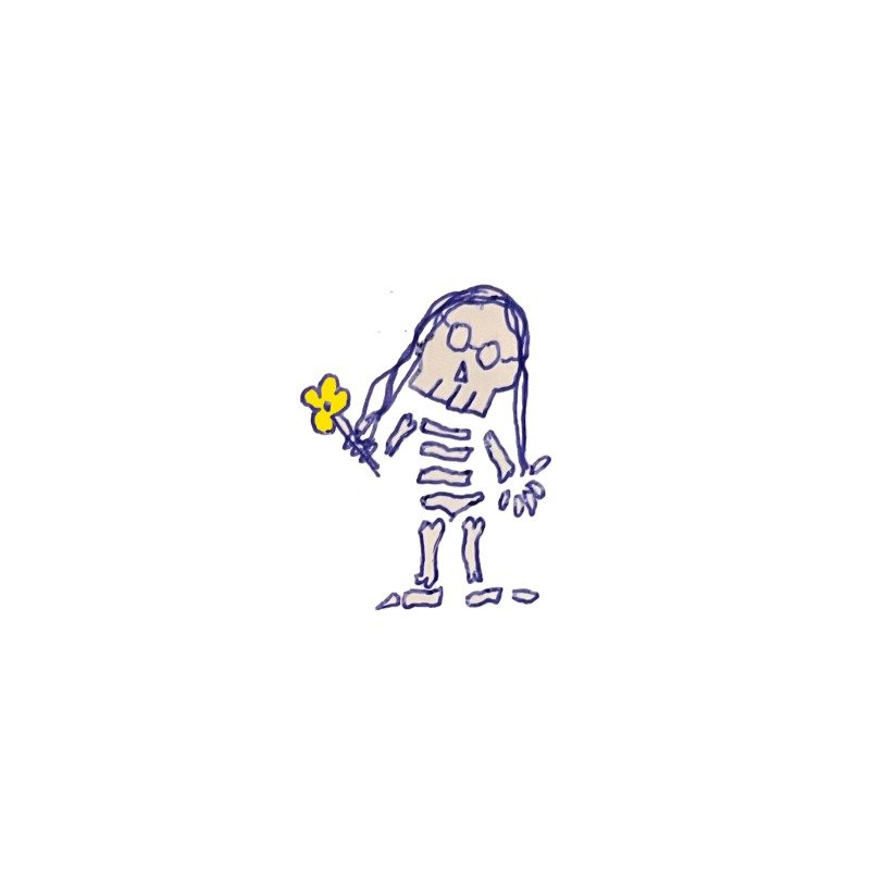 Cover for don't join the skeletons! A hand-drawn skeleton holding a yellow flower.