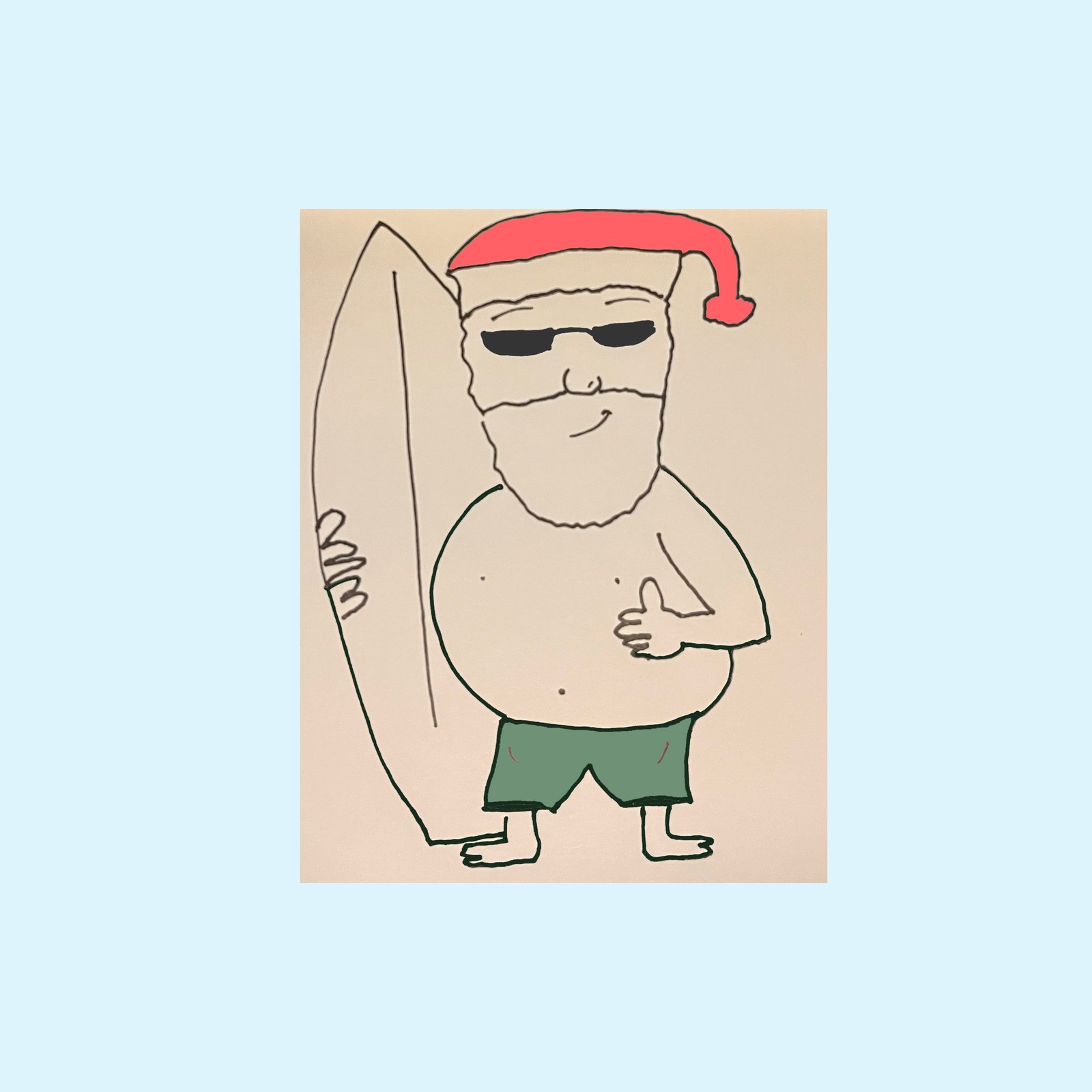 Cover for merry christmas (from the beach). A drawing of Santa in board shorts, holding a surfboard.