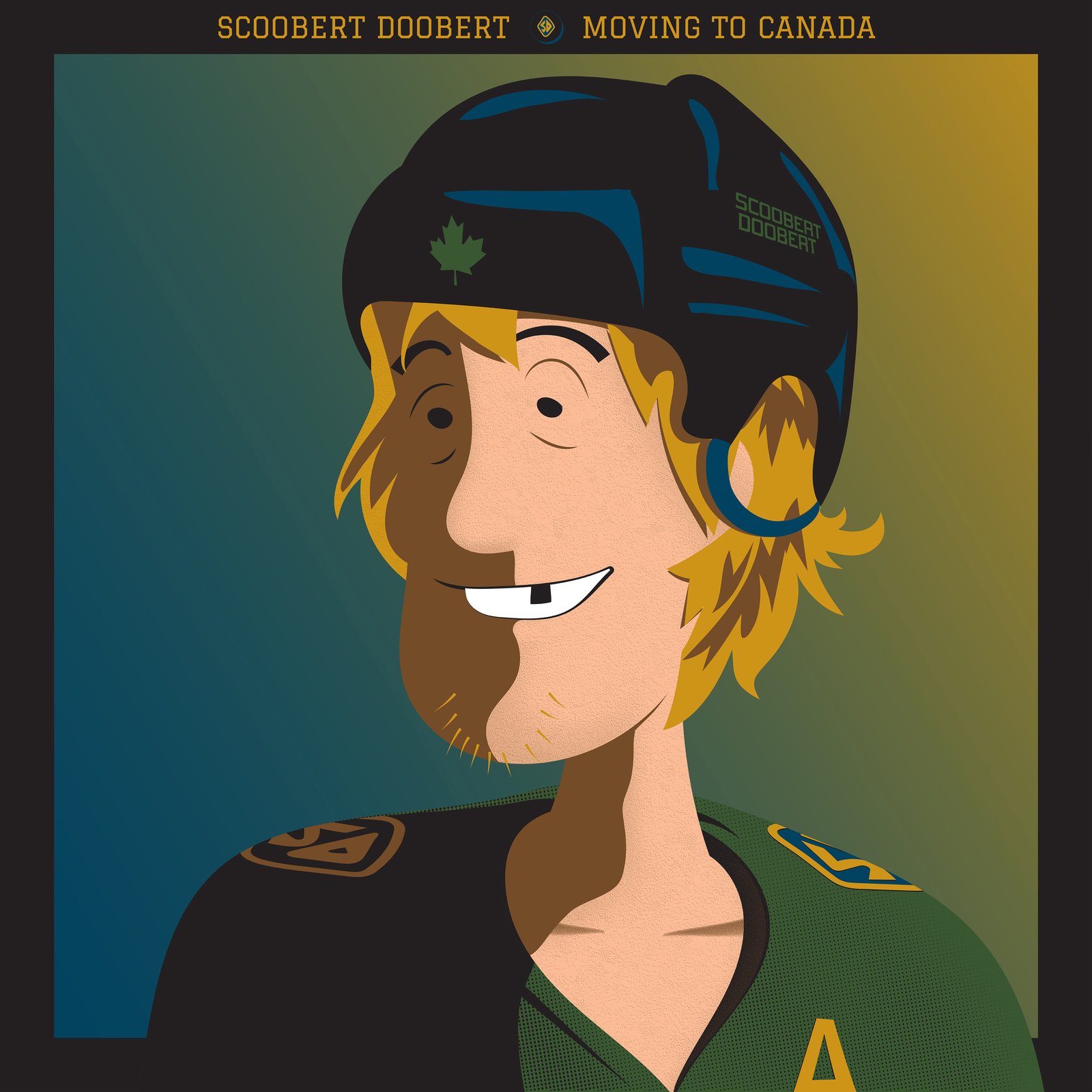 Cover for Moving to Canada. A portrait in a hockey helmet.