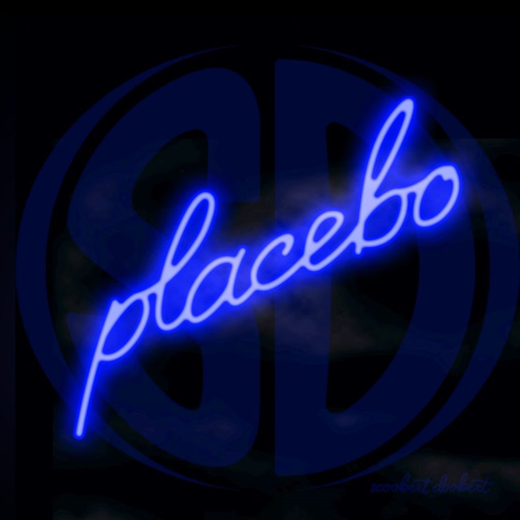 Cover for PLACEBO. Neon-blue script over an SD monogram.