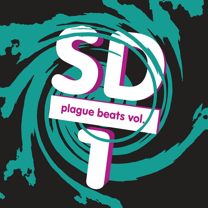 Cover for Plague Beats, Vol. 1. A teal swirl around the SD monogram, with the title and a large 1.