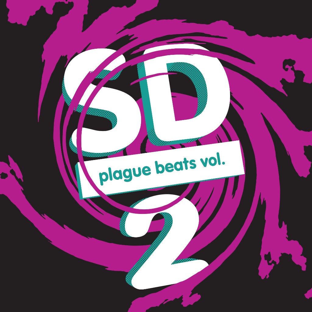 Cover for Plague Beats, Vol. 2. A magenta swirl around the SD monogram, with the title and a large 2.