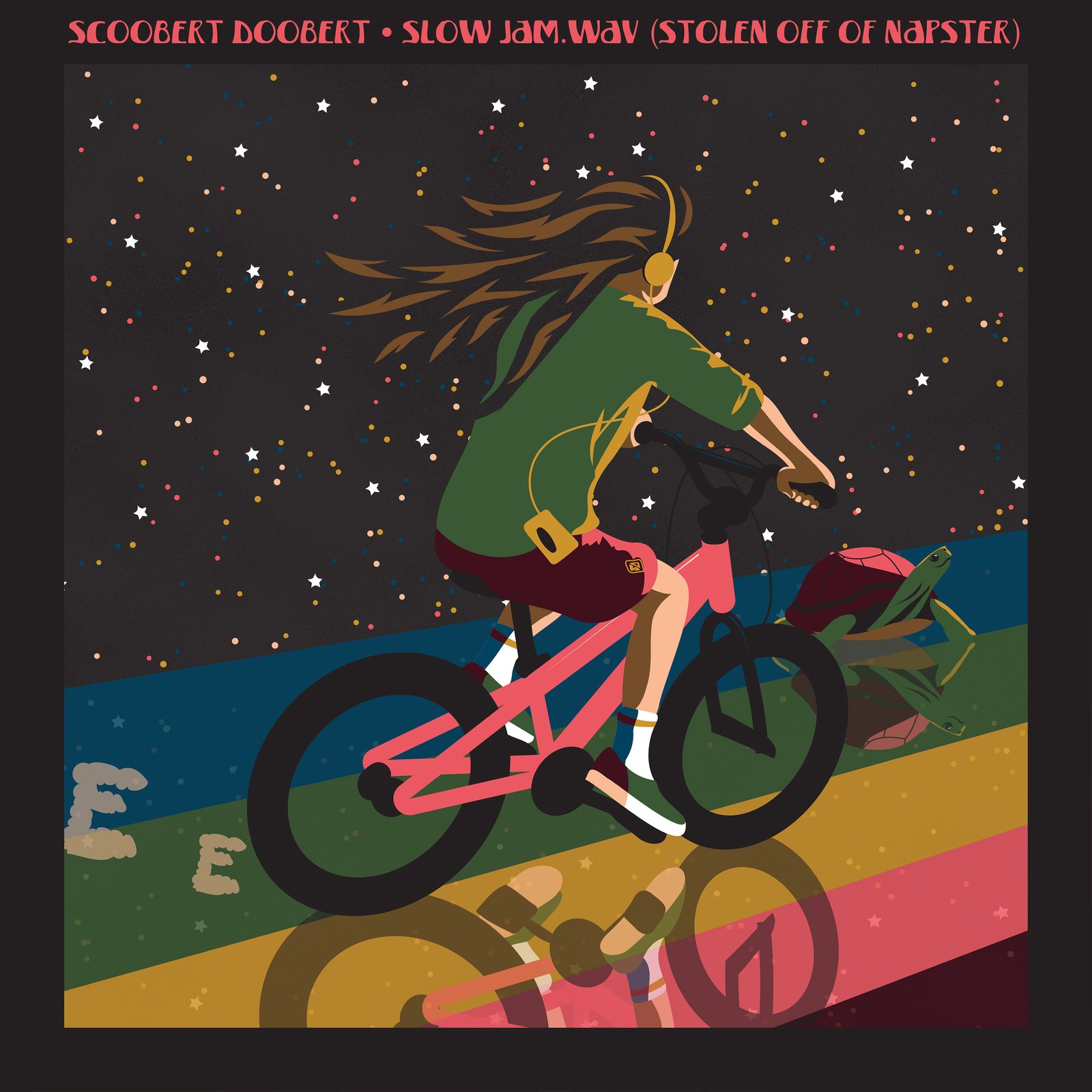 Cover for Slow Jam.wav. A person riding a bike under a starry sky.