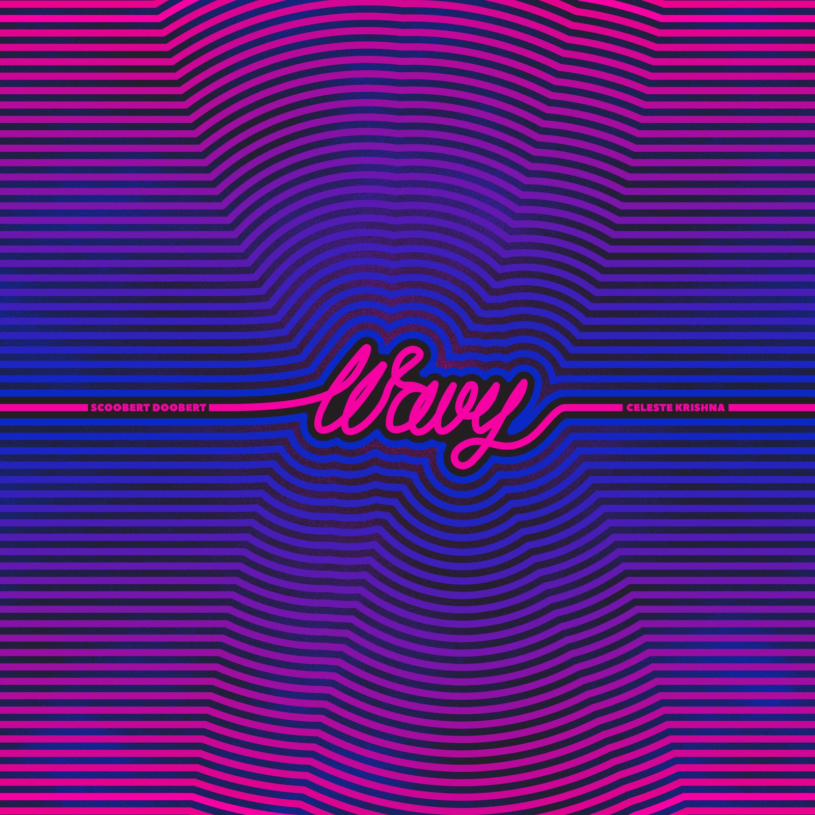 Cover for Wavy. Pink script on a field of purple contour lines.