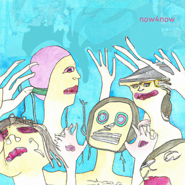 Cover for now4now. Drawn faces with raised hands on a blue field, the title in pink at the upper right.