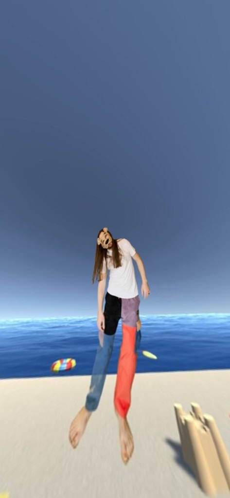 Screenshot from the a song to quit your job to music video: Scoobert Doobert in a dog mask on a virtual beach
